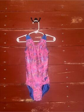 GK Elite Pink Metallic One-Piece Leotard with Blue Trim